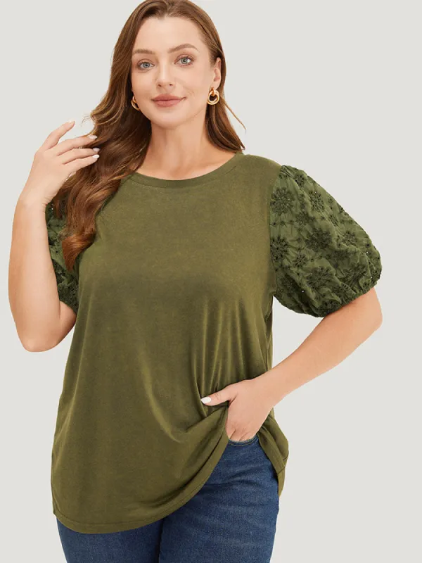Solid Patchwork Broderie Anglaise Puff Sleeve Vintage T-shirt sold by Bloomchic