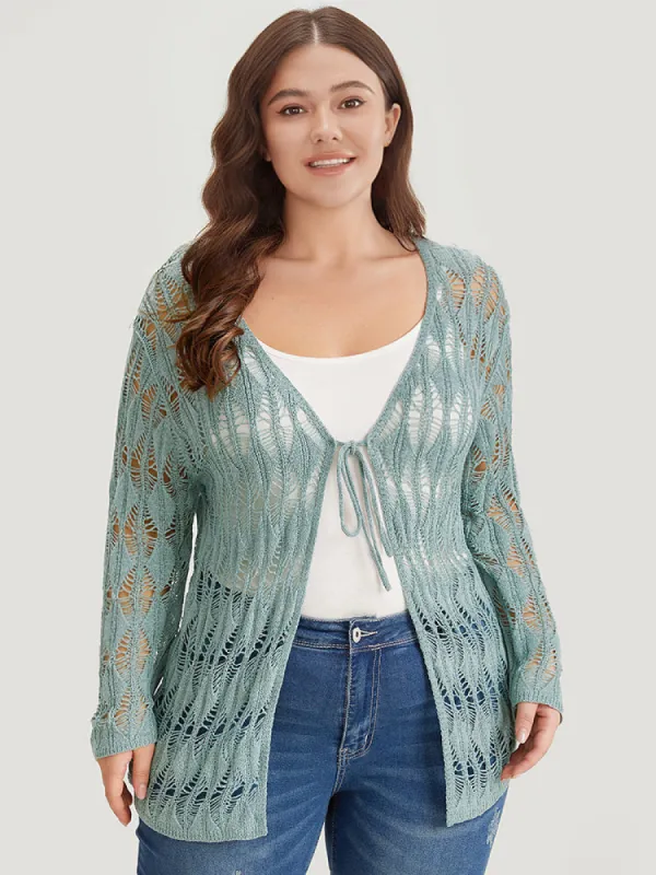Solid Tie Front Hollow Out Cardigan sold by Bloomchic