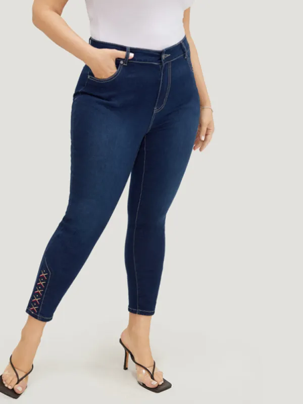 Very Stretchy High Rise Dark Wash Geometric Embroidered  Jeans sold by Bloomchic
