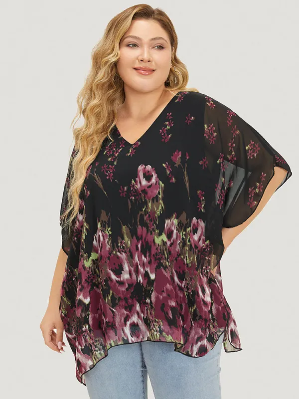 Pixel Flower Mesh Batwing Sleeve Chiffon Blouse sold by Bloomchic