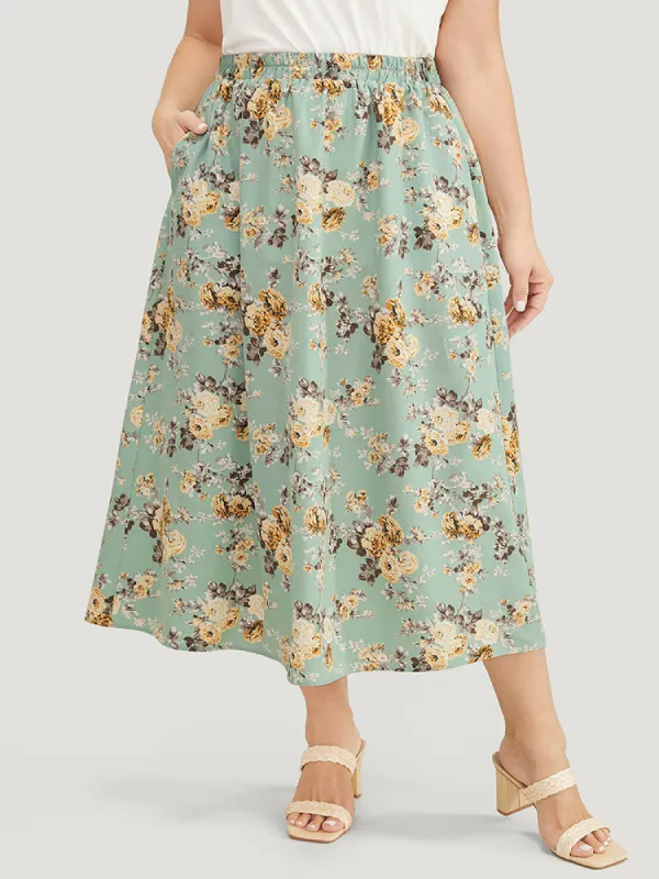Floral Pocket Elastic Waist Flutter Hem Skirt sold by Bloomchic