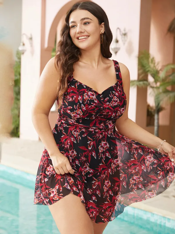 Floral Ruched Crossover Sculpt Waist V Neck Swim Dress sold by Bloomchic