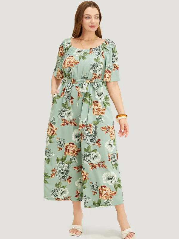 Floral Flutter Sleeve Gathered Belt Pocket Jumpsuit sold by Bloomchic