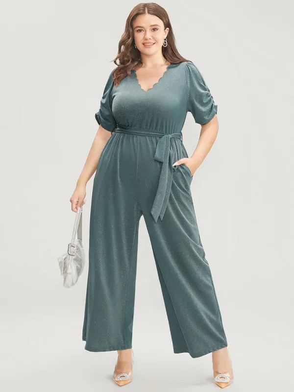 Plain Scalloped Trim Ruched Glitter Pocket Belted Jumpsuit sold by Bloomchic