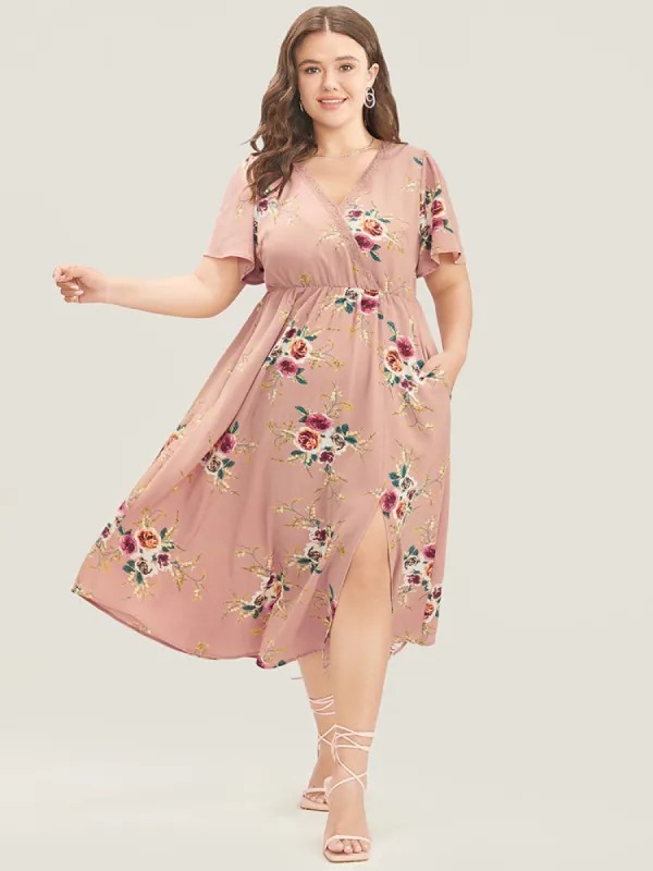 Floral Printed Lace Wrap Pocket Split Ruffles Hem Dress sold by Bloomchic