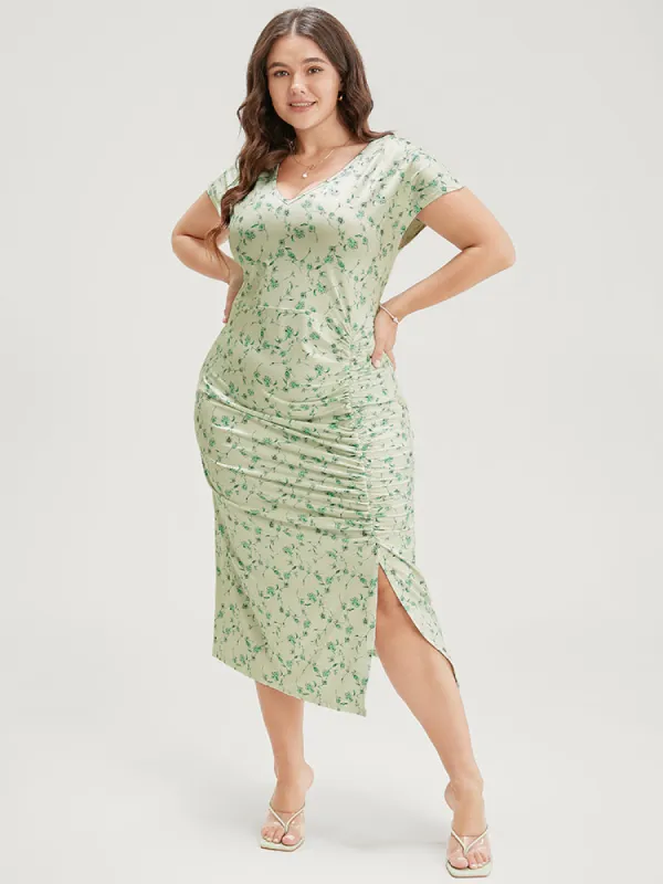 Floral Printed Split Hem Cap Sleeve Ruched Dress sold by Bloomchic