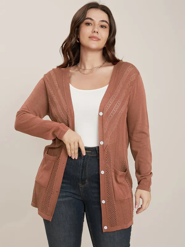 Plain Ice Rayon Yarn Eyelet Pocket Button Front Cardigan sold by Bloomchic