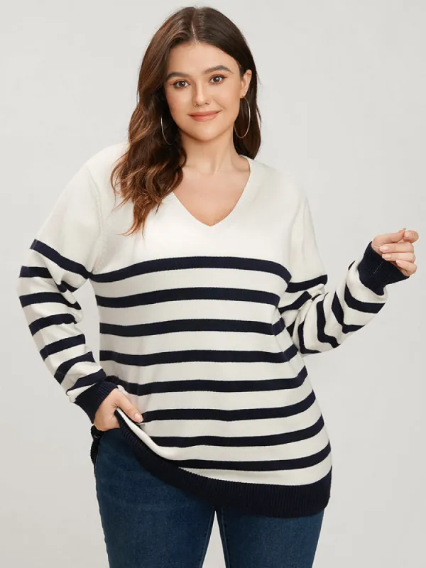 Striped Pointelle Knit V Neck Contrast Loose Knit Top sold by Bloomchic