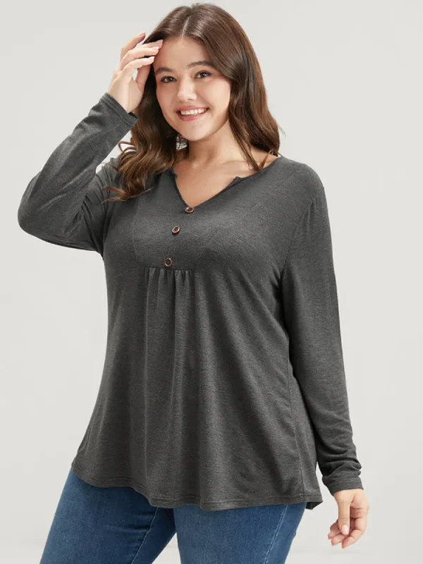 Solid V Neck Button Detail Long Tee sold by Bloomchic