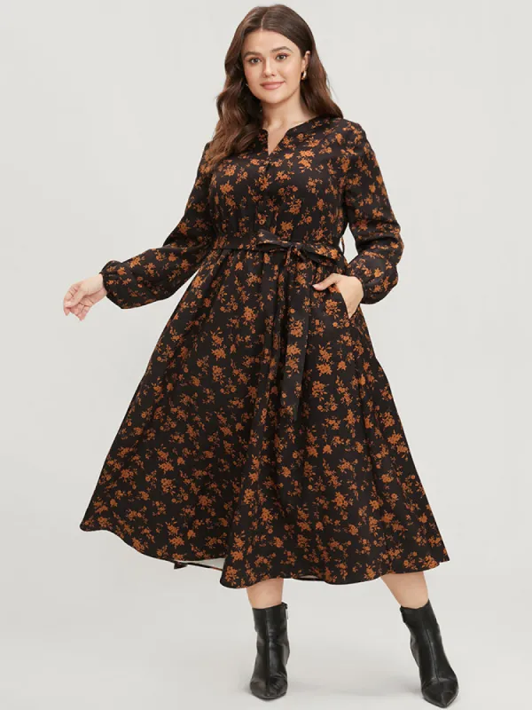 Ditsy Floral Pocket Belted Lantern Sleeve Midi Dress sold by Bloomchic