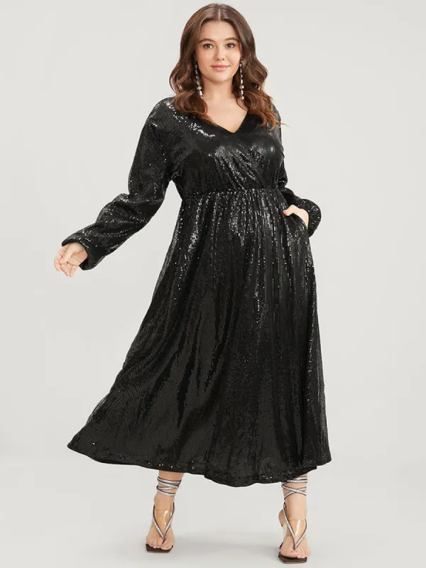 Solid Lantern Sleeve Pocket Wrap Sequin Maxi Dress sold by Bloomchic