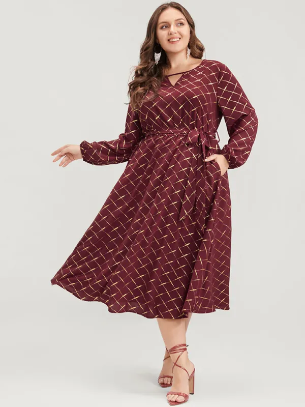 Geometric Lantern Sleeve Pocket Keyhole Round Neck Belted Dress sold by Bloomchic
