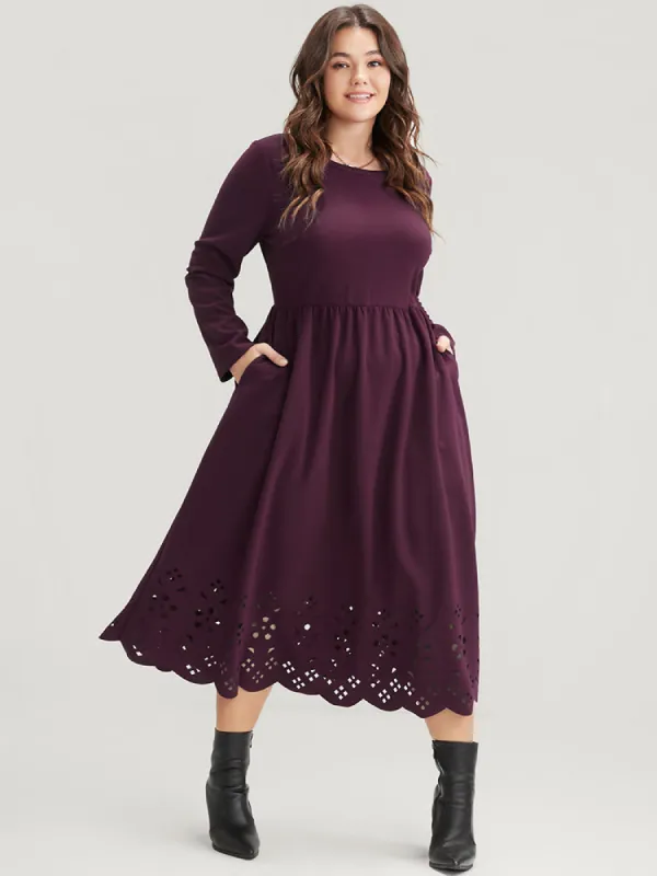 Solid Round Neck Laser Cut Pocket Midi Dress sold by Bloomchic
