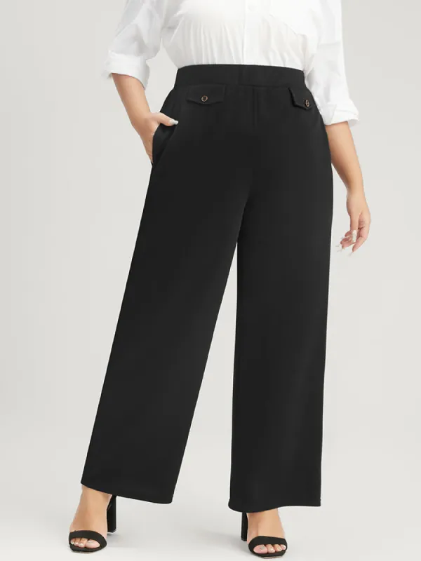 Solid Button Detail Elastic Waist Pocket Pants sold by Bloomchic