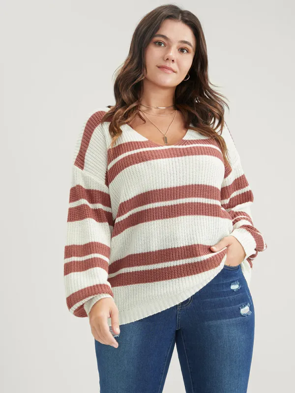 Striped Contrast Pointelle Knit Lantern Sleeve Knit Top sold by Bloomchic