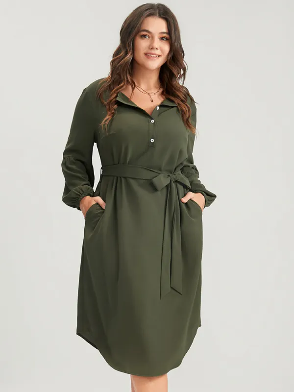 Solid Lantern Sleeve Button Pocket Belted Arc Hem Dress sold by Bloomchic