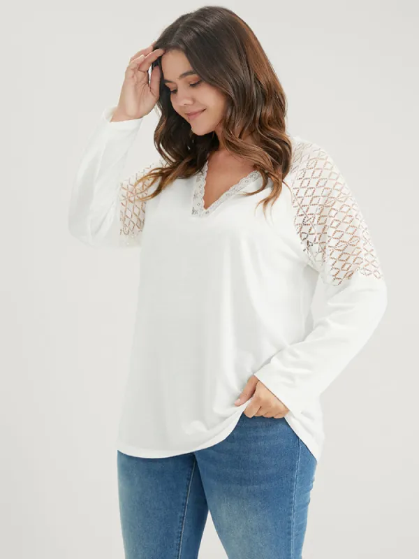 Solid Contrast Lace	V Neck Long Tee sold by Bloomchic