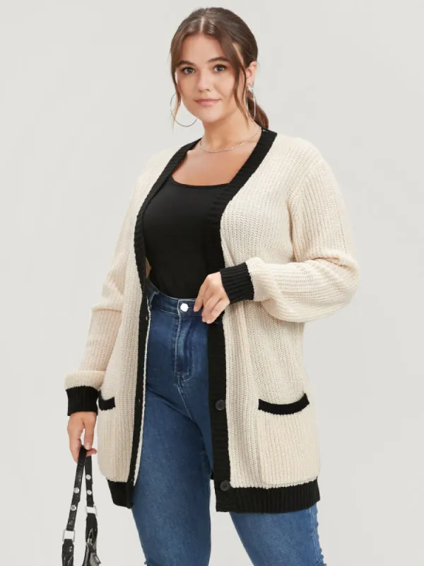 Contrast Trim Pointelle Knit Pocket Button Front Cardigan sold by Bloomchic