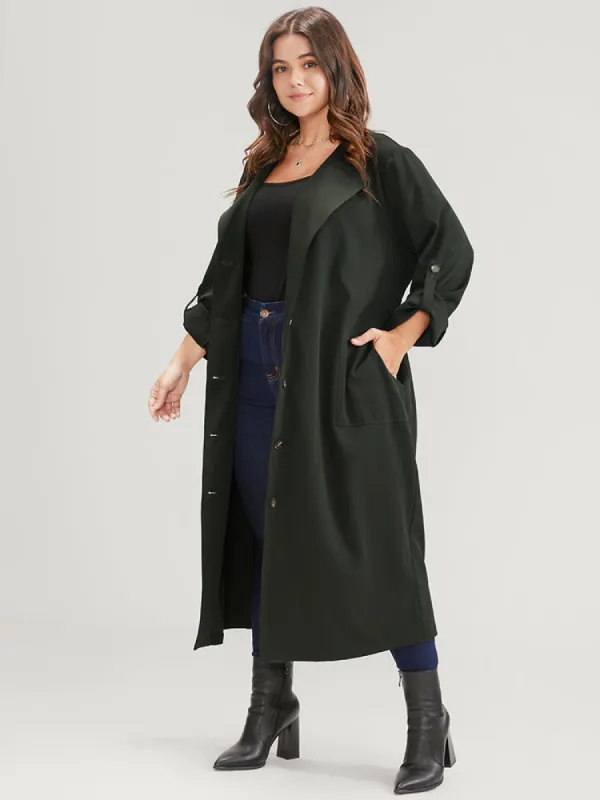 Solid Cuffed Sleeve Belted Pocket Button Up Trench Coat sold by Bloomchic