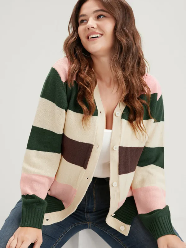 Striped Colorblock Contrast Pointelle Knit Button Front Cardigan sold by Bloomchic