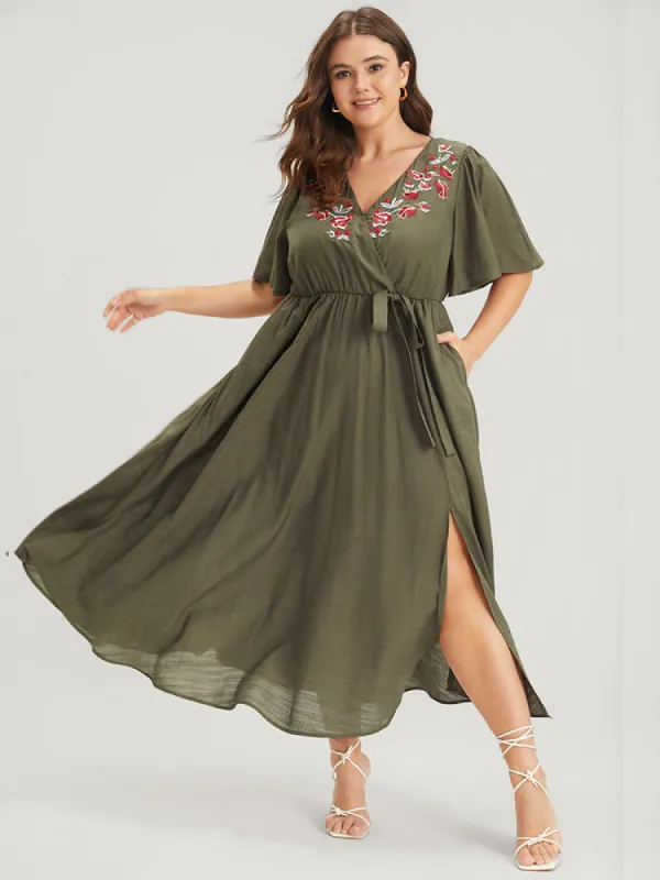 Solid Pocket Knotted  Embroidered Ruffles Hem Wrap Dress sold by Bloomchic