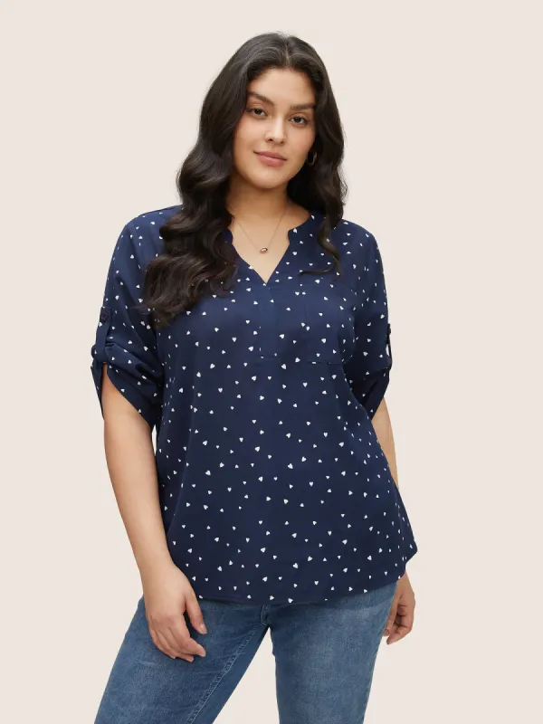 Heart Print Tab Sleeve Pocket Notched Blouse sold by Bloomchic