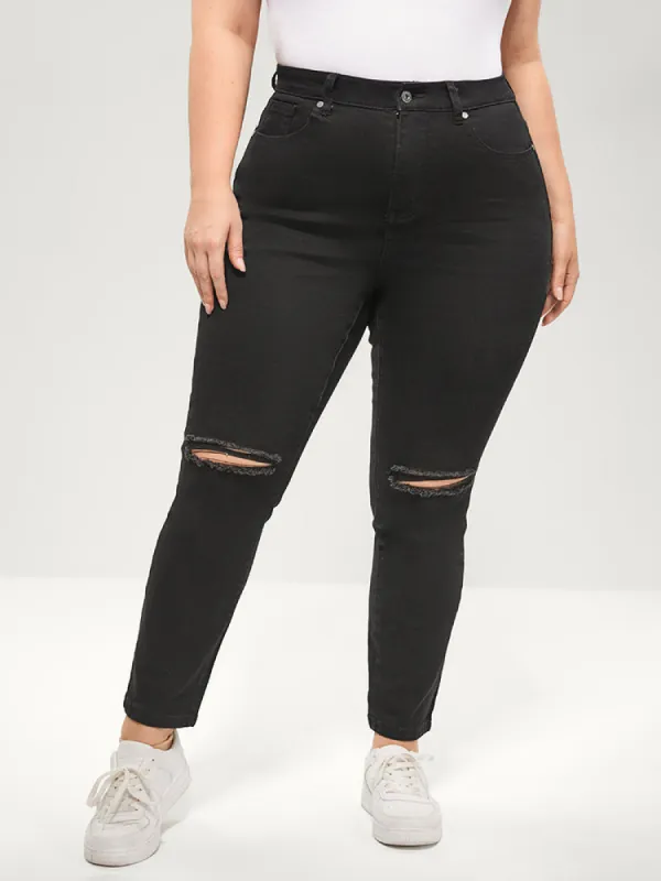 Straight Moderately Stretchy Mid Rise Black Wash Distressed Jeans sold by Bloomchic