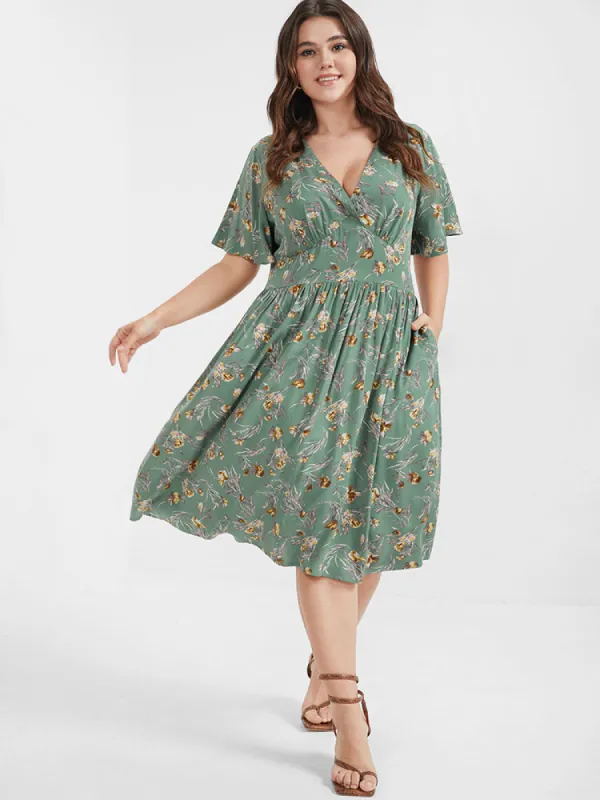 Bloom Dress - Floral Flutter Shirred Pocket V Neck Dress sold by Bloomchic