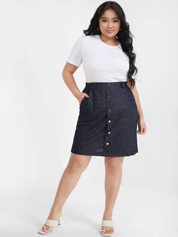 Solid Button Pocket Regular Skirt sold by Bloomchic