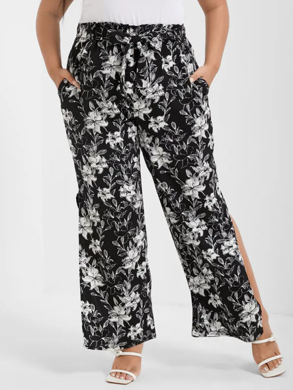 Floral Print Pocket Split Straight Pants sold by Bloomchic
