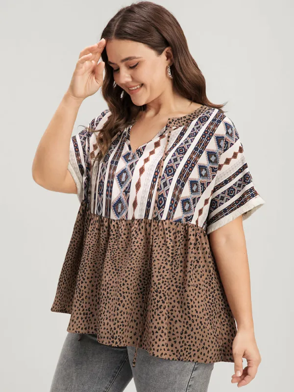 Leopard Geometric Contrast Elastic Waist Ties Neck Blouse sold by Bloomchic