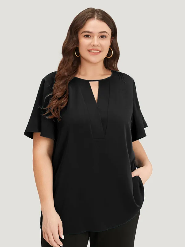 Plain Cut Out Flutter Sleeve Pleated Blouse sold by Bloomchic