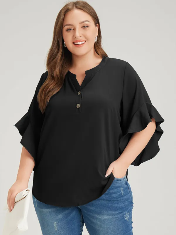 Anti-Wrinkle Plain Notched Flutter Sleeve Button Up Blouse sold by Bloomchic