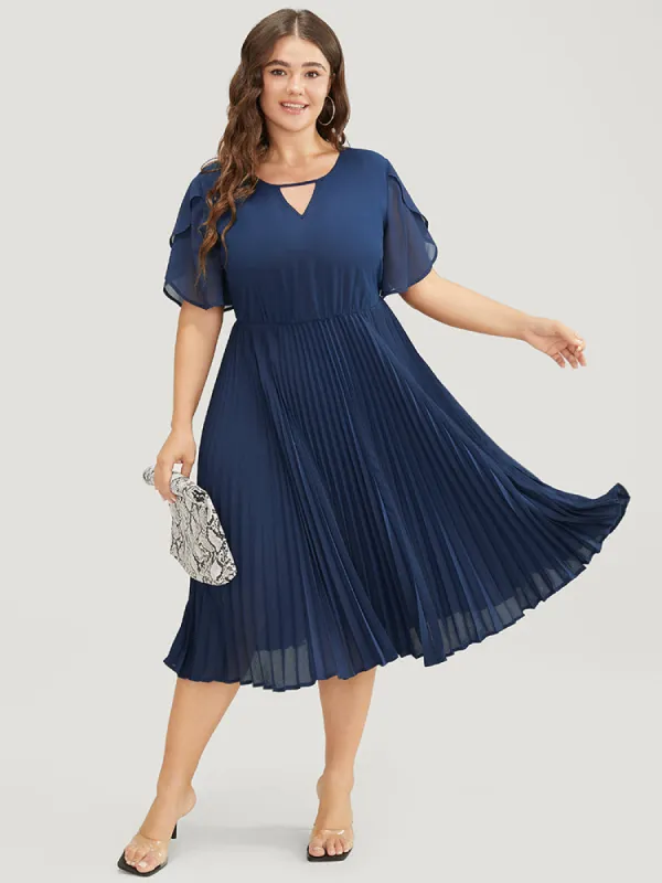 Solid Keyhole Split Chiffon Petal Sleeve Pleated Hem Dress sold by Bloomchic