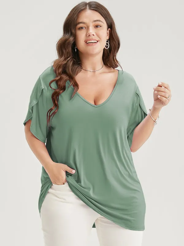 Plain V Neck Split Petal Sleeve T-shirt sold by Bloomchic