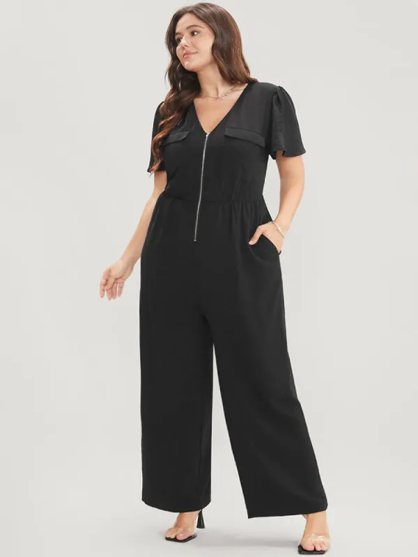 Solid Zip Up Pocket Ruffle Sleeve Jumpsuit sold by Bloomchic
