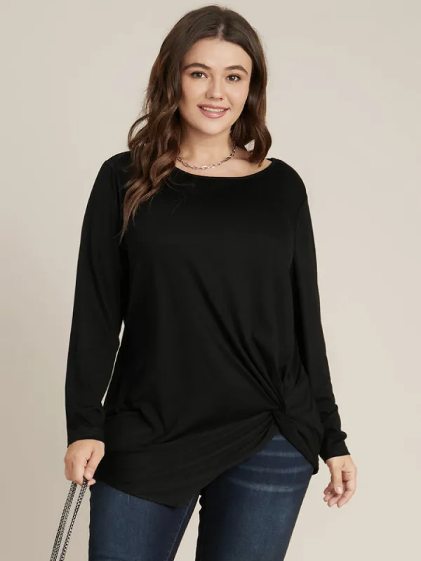 Solid Round Neck Twist Front Long Tee sold by Bloomchic