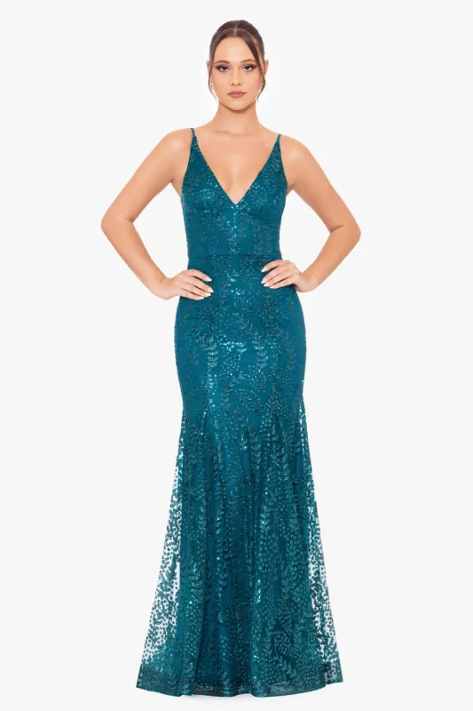 "Jocelyn" Long Glitter Mesh V-Neck Dress sold by Xscape