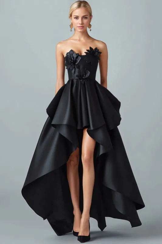 Sparkly Black Hi-Low A-Line Strapless 3D Flowers Ruffle Satin Formal Dress sold by Zapaka