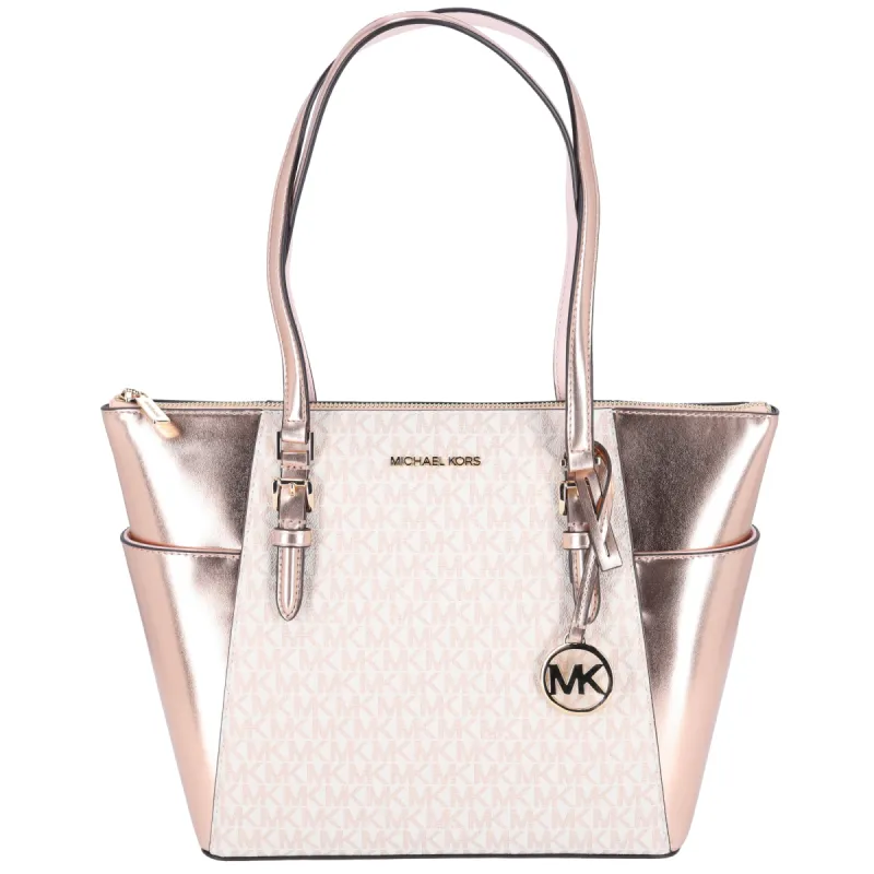 Michael Kors Charlotte Large Signature Logo Metallic Top Zip Tote Bag Rose Gold sold by Gaby's Bags