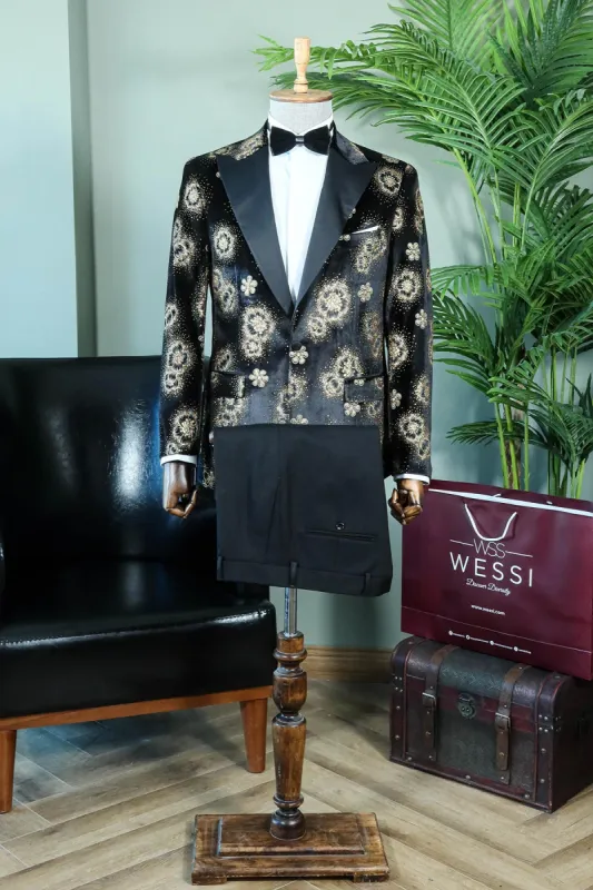 Golden Floral Pattern Shawl Lapel Tuxedo Jacket with Black Pants - Luxe Evening Look sold by Wessi
