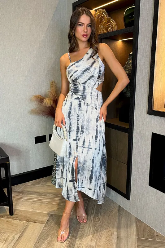 Grey Printed Strap Detail Asymmetric Cut Out Midi Dress sold by AX Paris
