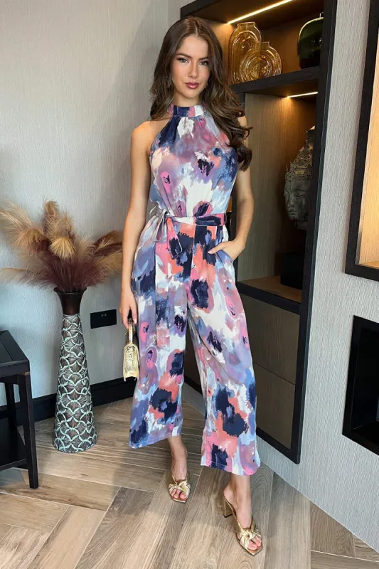 Multi Smudge Print Halter Neck Tie Waist Jumpsuit sold by AX Paris
