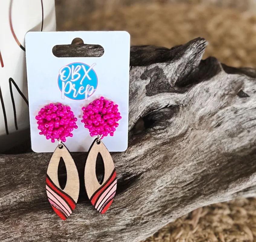 Valentine's Day and Beyond Hand Painted Seed Bead Topped Pink Wood Earrings sold by Roxie’s Picks