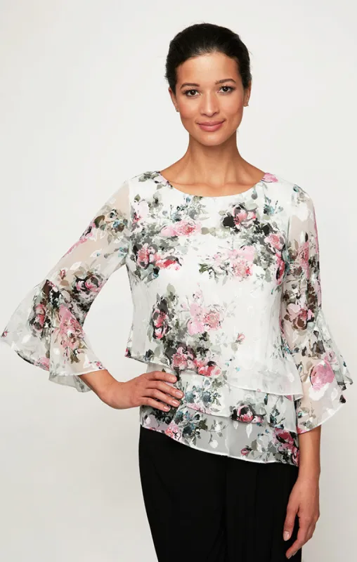 Floral Chiffon Blouse with Triple Tier Asymmetric Hem and Bell Sleeves sold by Alex Evenings