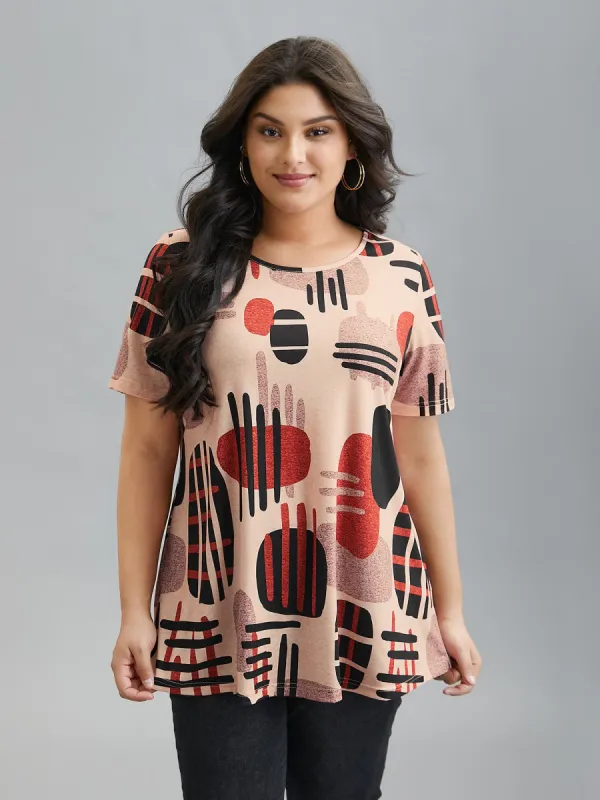 Geometric Print Round Neck Fitted T-Shirt sold by Bloomchic