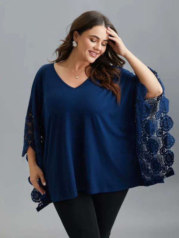 V-Neck Crochet Lace Batwing Sleeve T-Shirt sold by Bloomchic