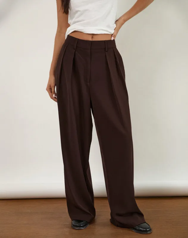 Nala Wide Pleat Trousers in Bitter Chocolate sold by Motel Rocks