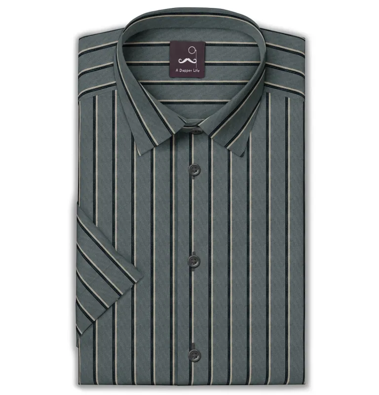 Pure Cotton - Semi-Spread Collar - Short Sleeve - Slate Stripes sold by Airthreads