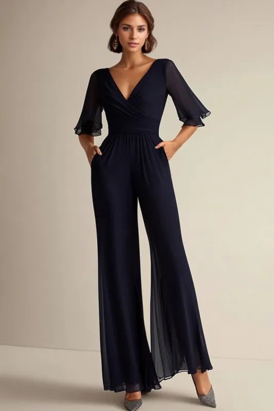 Navy V-neck Half Sleeves Chiffon Mother of the Bride Jumpsuits sold by Zapaka